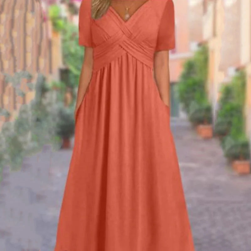 【S-3XL】👗Női V-nyakú rövid ujjú hosszú ruhák
