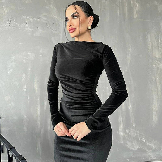 💃Női divatos, karcsúsított, hosszú ujjú ruha, egyszínű