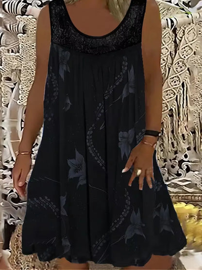 Kerek nyakú, ujjatlan, csipke, fodros, patchwork mintás, elegáns, plus size maxi ruha nőknek
