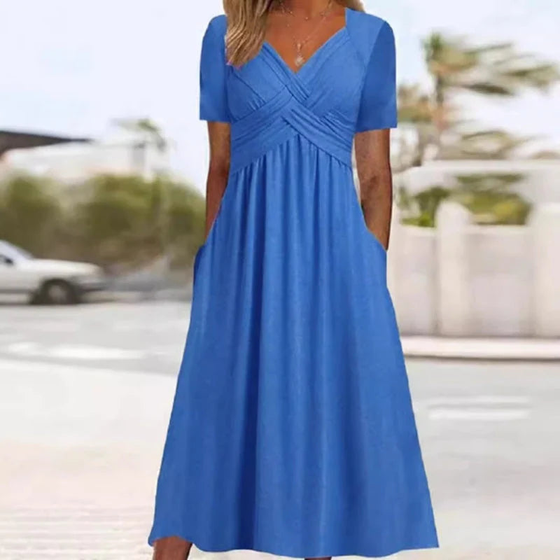 【S-3XL】👗Női V-nyakú rövid ujjú hosszú ruhák