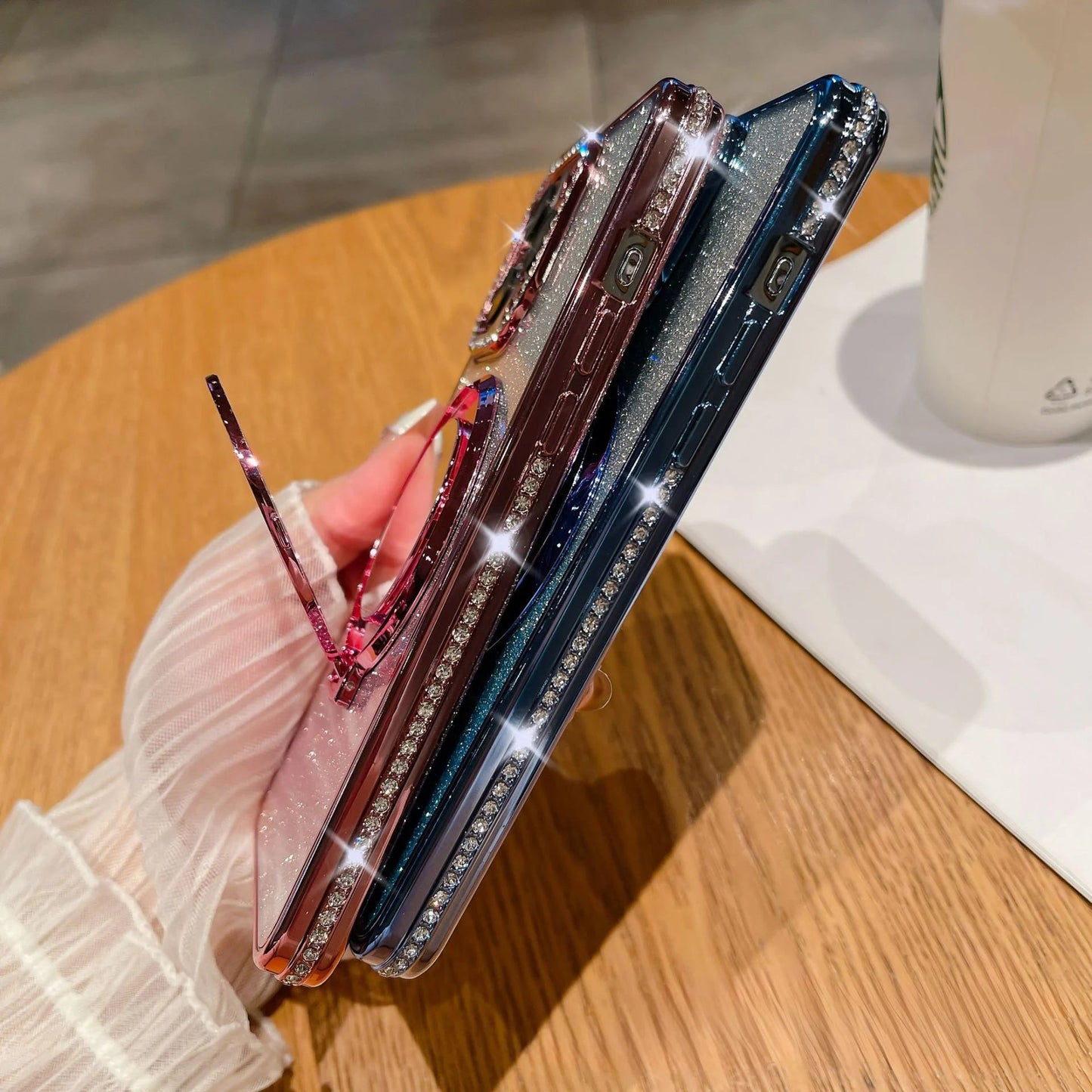 📲✨Védő iPhone tok sminktükörrel és átmenetes csillámporral