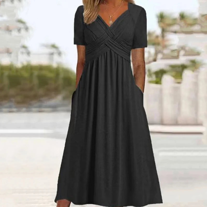 【S-3XL】👗Női V-nyakú rövid ujjú hosszú ruhák