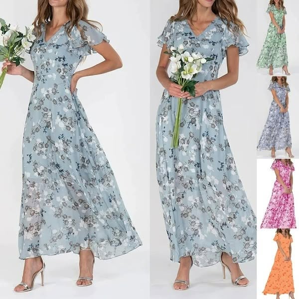 🔥👗Eleganckie szyfonowe sukienki z krótkim rękawem w kwiaty
