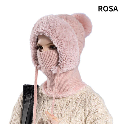 stílusos, vastag kötött téli sapka meleg arcvédővel és sállal