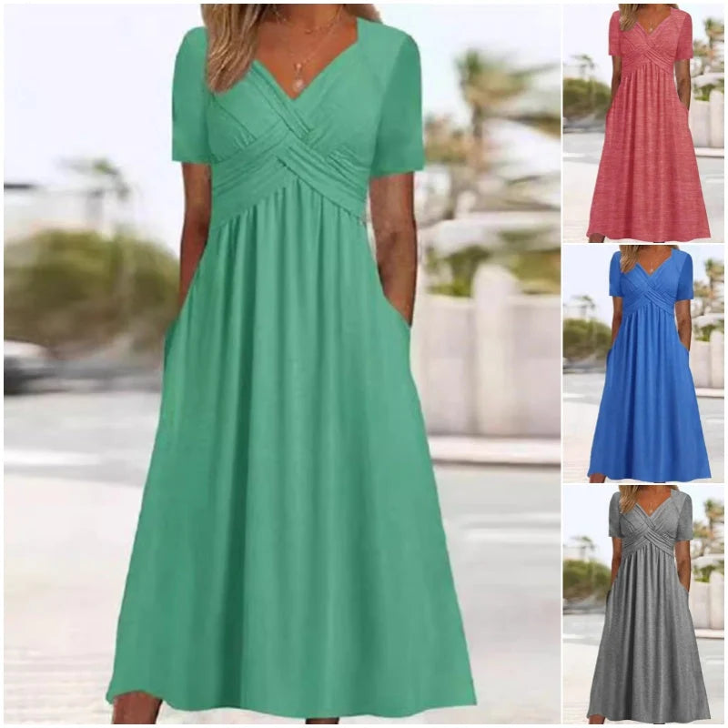 【S-3XL】👗Női V-nyakú rövid ujjú hosszú ruhák
