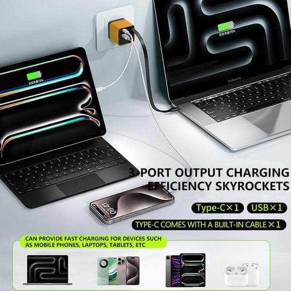 Ładowarka GaN 3 w 1, rozszerzalny moduł szybkiej ładowarki 80 W MAX z kablem typu C i 2 portami USB