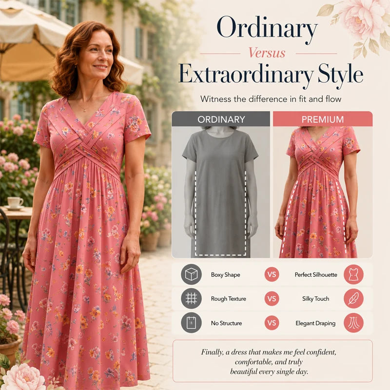 👗V-nyakú, virágmintás, csavart derékú női ruha