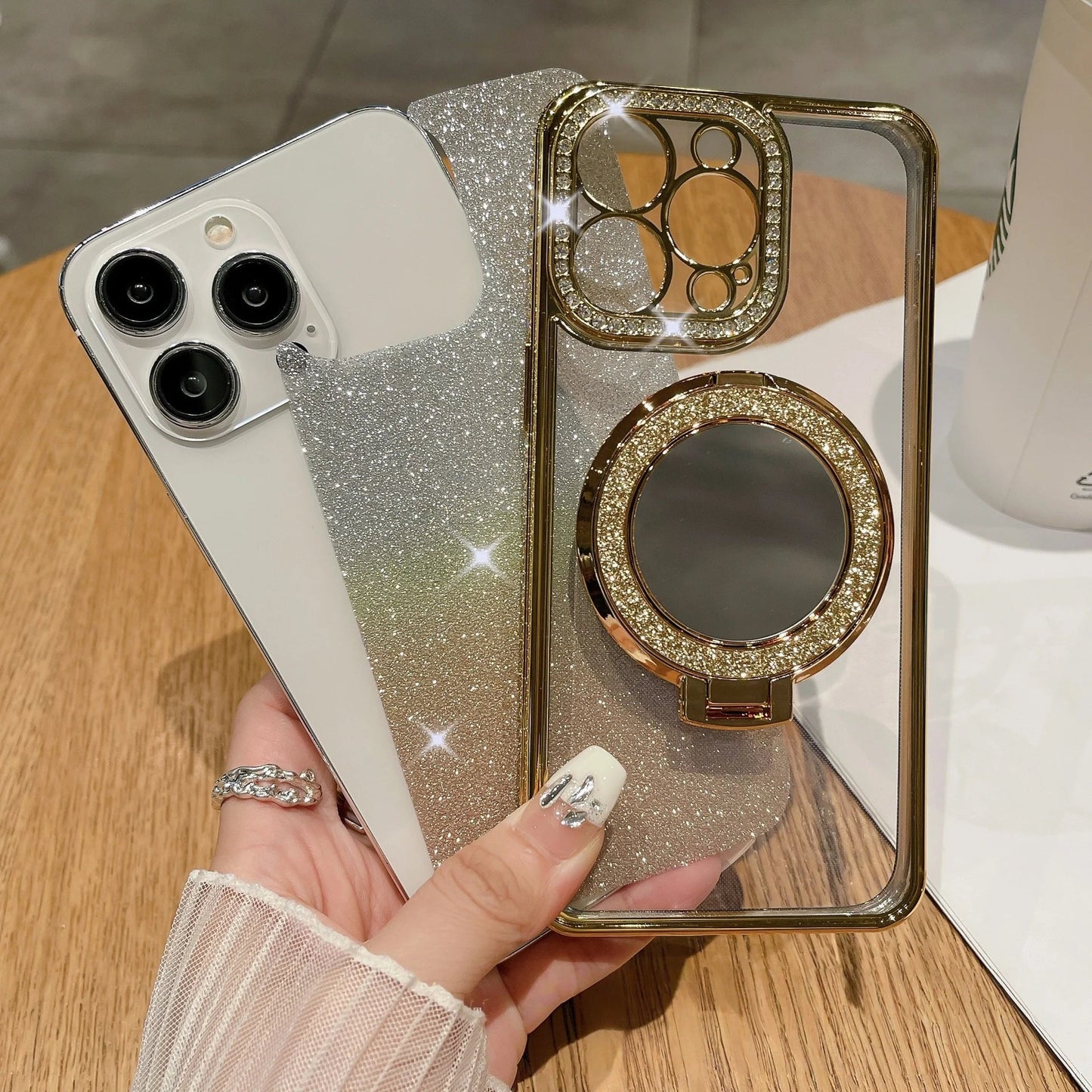 📲✨Védő iPhone tok sminktükörrel és átmenetes csillámporral