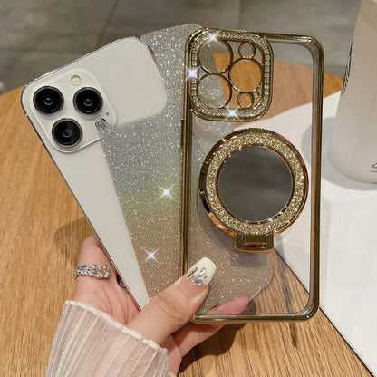 📲✨Védő iPhone tok sminktükörrel és átmenetes csillámporral