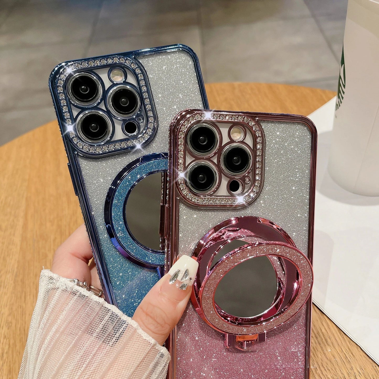 📲✨Védő iPhone tok sminktükörrel és átmenetes csillámporral