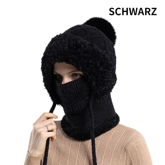 stílusos, vastag kötött téli sapka meleg arcvédővel és sállal