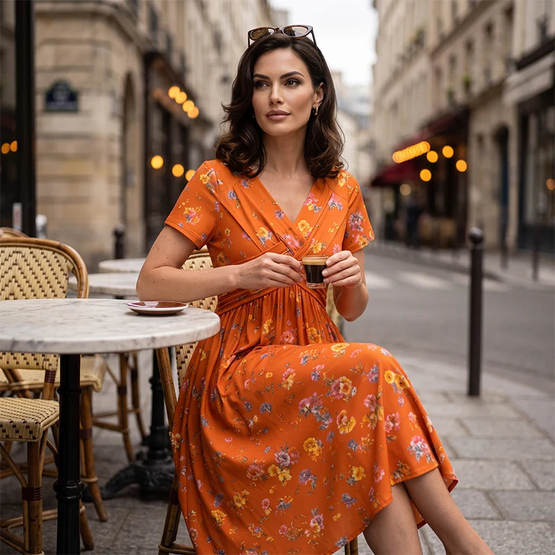 👗V-nyakú, virágmintás, csavart derékú női ruha