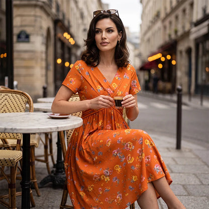👗V-nyakú, virágmintás, csavart derékú női ruha
