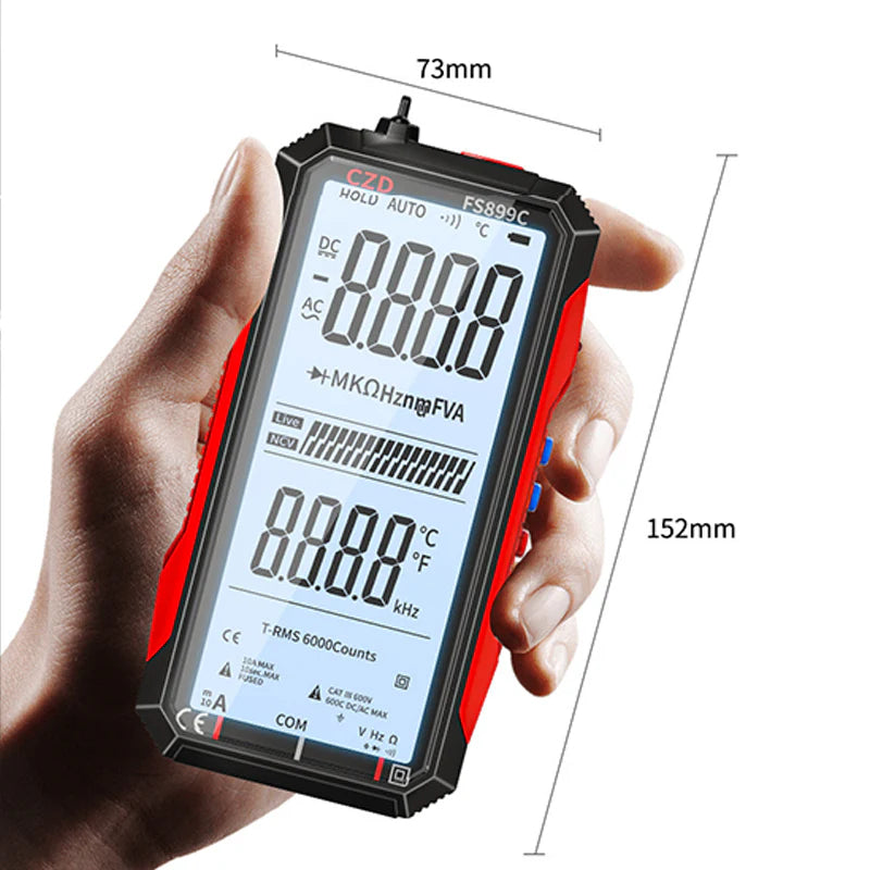 USB Tölthetős Digitális Multiméter – True RMS, Automatikus Tartományváltás és Megvilágított LCD Kijelző, CAT III 1000V