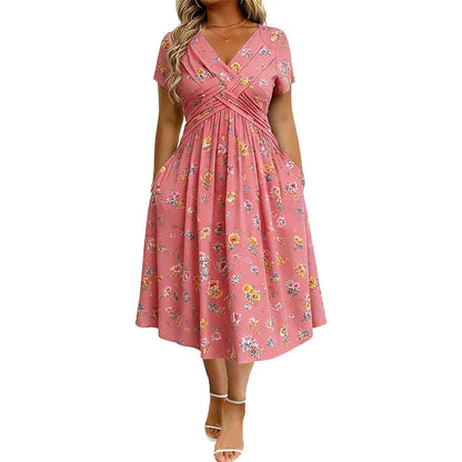 👗V-nyakú, virágmintás, csavart derékú női ruha