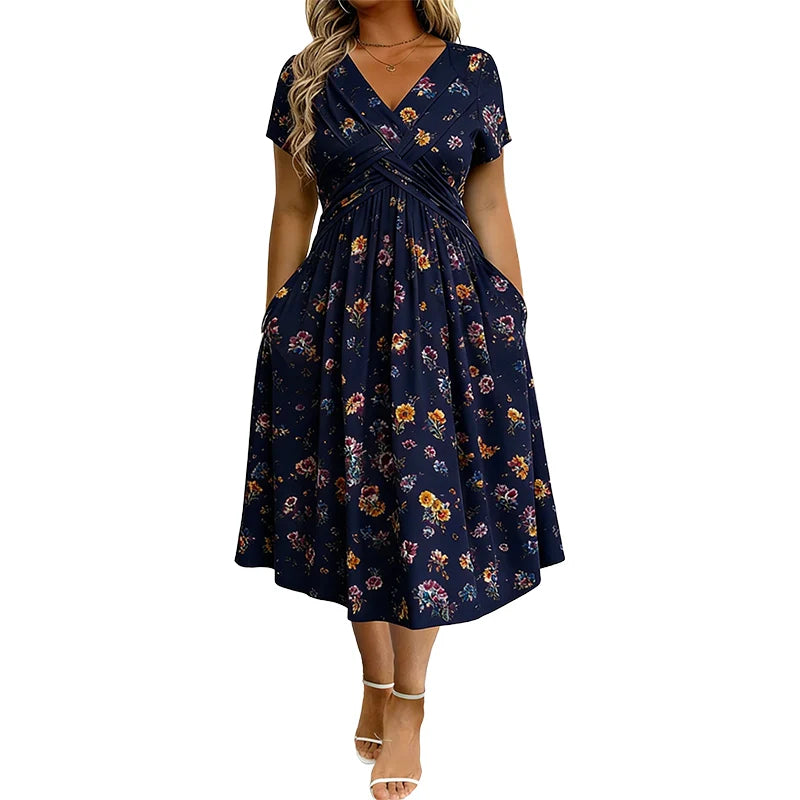 👗V-nyakú, virágmintás, csavart derékú női ruha
