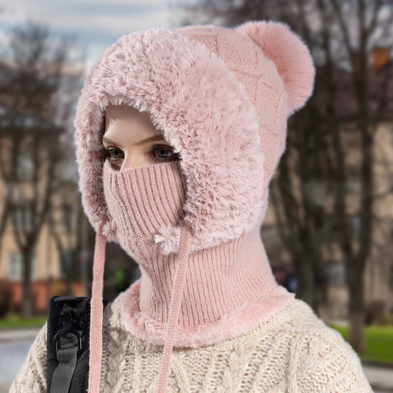 stílusos, vastag kötött téli sapka meleg arcvédővel és sállal