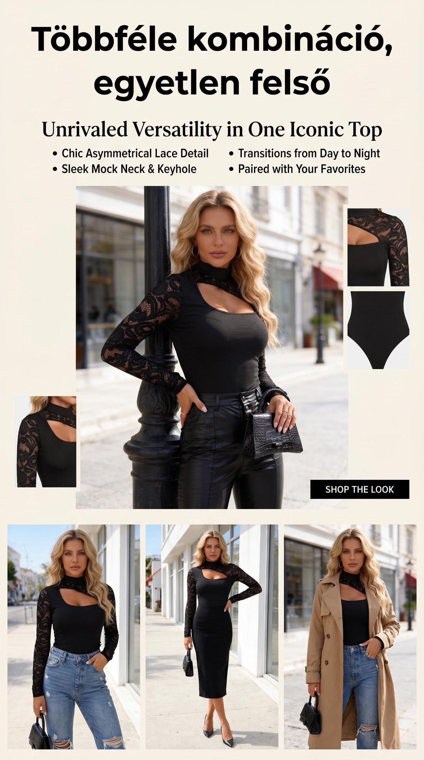 👍2026 Új modell🎁Ingyenes ajándék-📿Gyönyörű nyaklánc✨ Aszimmetrikus csipkés slim fit felső – Modern eleganccia minden alkalommal!