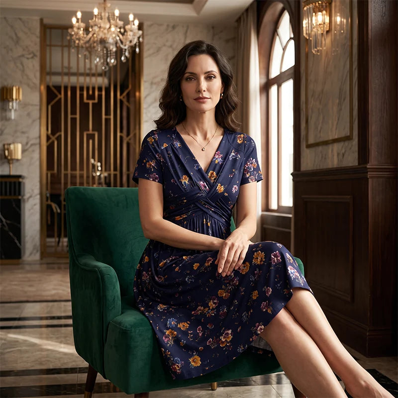 👗V-nyakú, virágmintás, csavart derékú női ruha