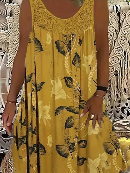 Kerek nyakú, ujjatlan, csipke, fodros, patchwork mintás, elegáns, plus size maxi ruha nőknek