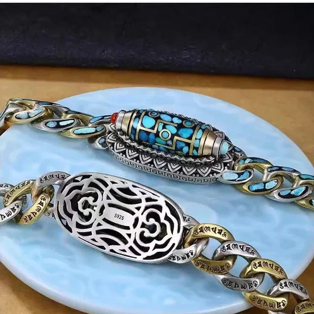 💞Turkusowa bransoletka z koralików Dzi z sześcioznakową mantrą i dziewięcioma oczami✨
