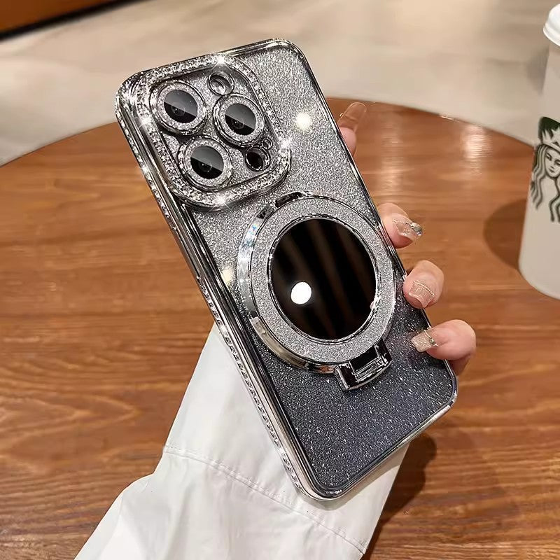 📲✨Védő iPhone tok sminktükörrel és átmenetes csillámporral