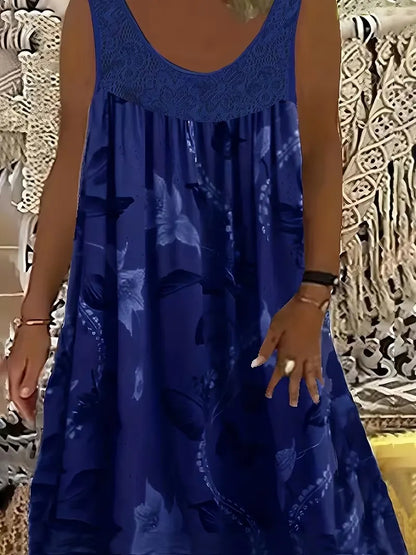 Kerek nyakú, ujjatlan, csipke, fodros, patchwork mintás, elegáns, plus size maxi ruha nőknek