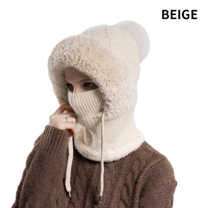 stílusos, vastag kötött téli sapka meleg arcvédővel és sállal