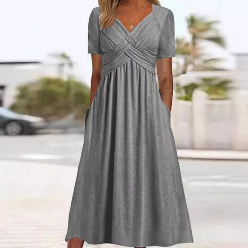 【S-3XL】👗Női V-nyakú rövid ujjú hosszú ruhák