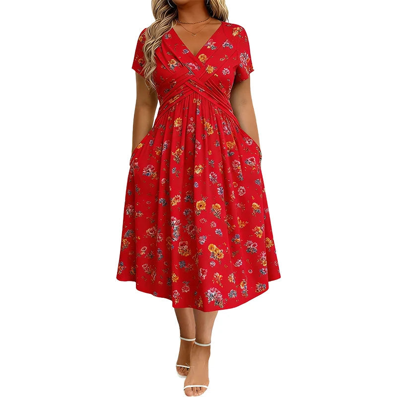 👗V-nyakú, virágmintás, csavart derékú női ruha