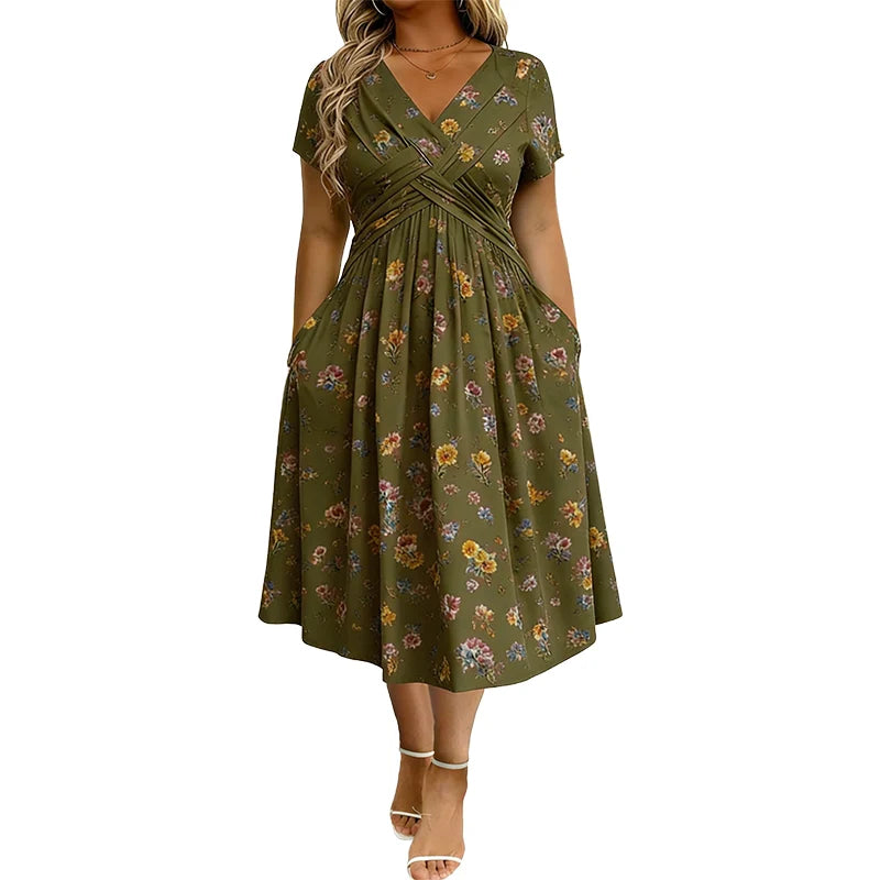 👗V-nyakú, virágmintás, csavart derékú női ruha
