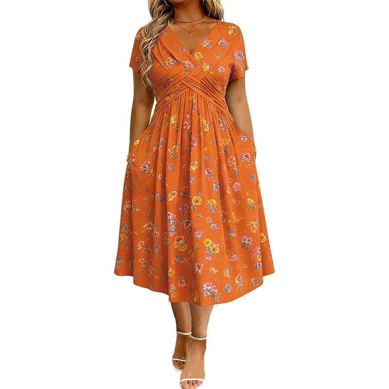 👗V-nyakú, virágmintás, csavart derékú női ruha