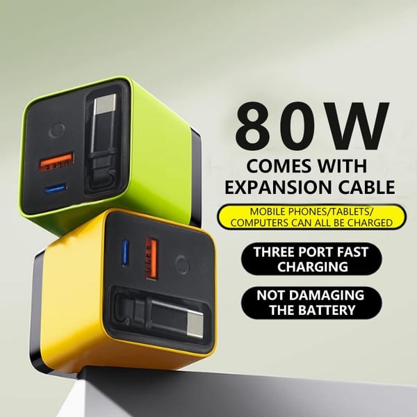 Ładowarka GaN 3 w 1, rozszerzalny moduł szybkiej ładowarki 80 W MAX z kablem typu C i 2 portami USB