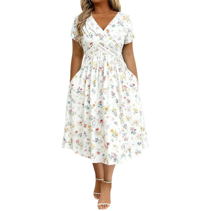 👗V-nyakú, virágmintás, csavart derékú női ruha