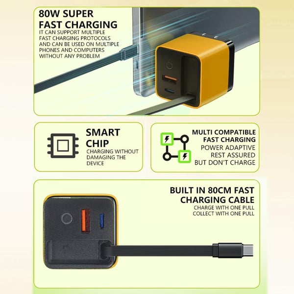 Ładowarka GaN 3 w 1, rozszerzalny moduł szybkiej ładowarki 80 W MAX z kablem typu C i 2 portami USB