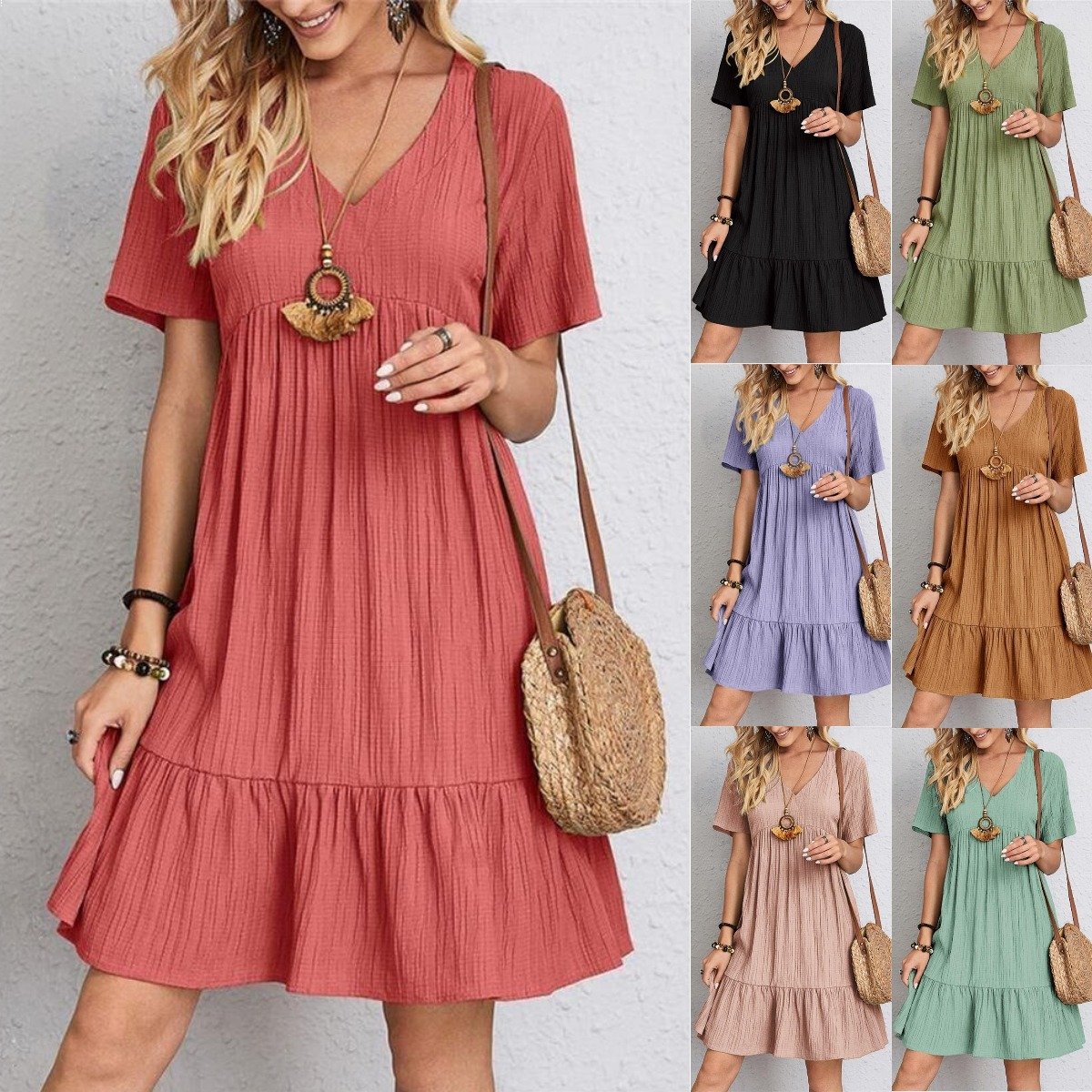 【S-3XL】👗Casualowa długa sukienka z krótkim rękawem