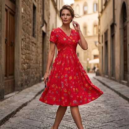 👗V-nyakú, virágmintás, csavart derékú női ruha