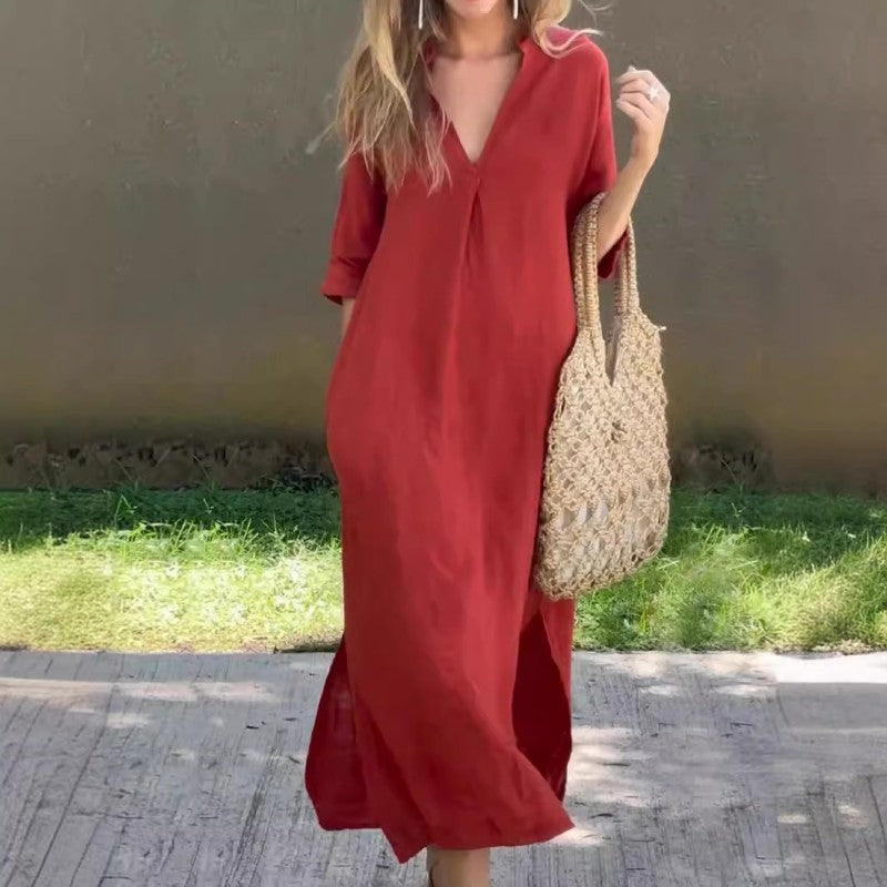 💖 Elegancka sukienka V-neck z bawełny i lnu