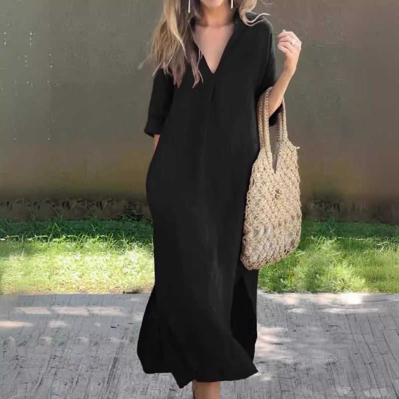 💖 Elegancka sukienka V-neck z bawełny i lnu