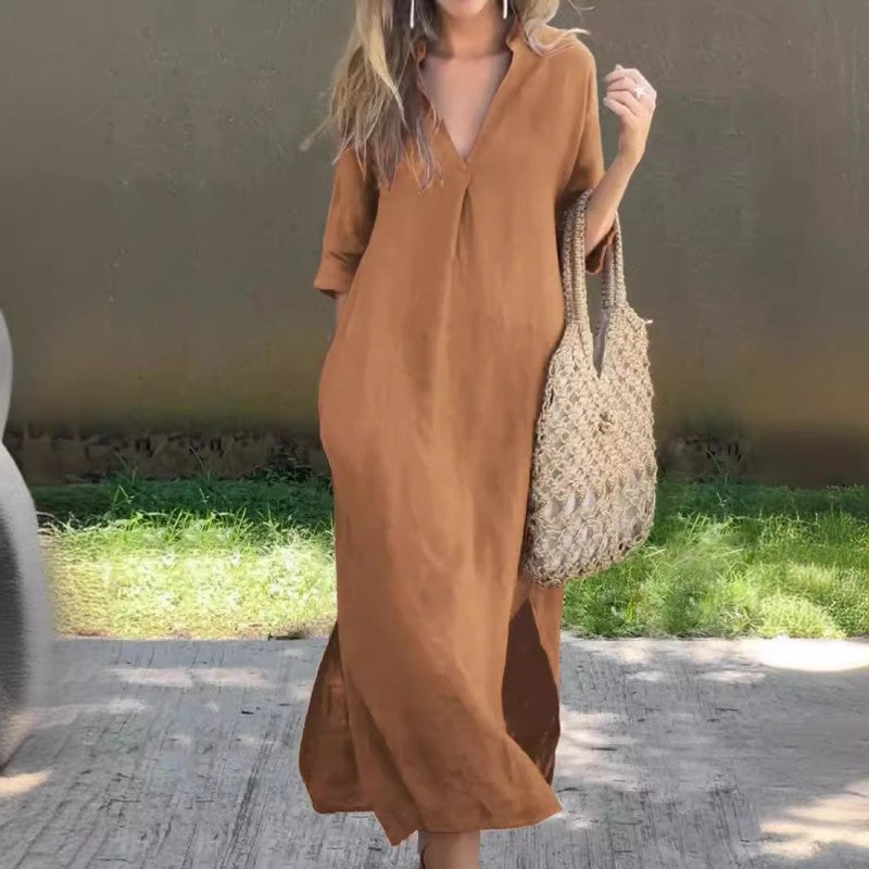💖 Elegancka sukienka V-neck z bawełny i lnu