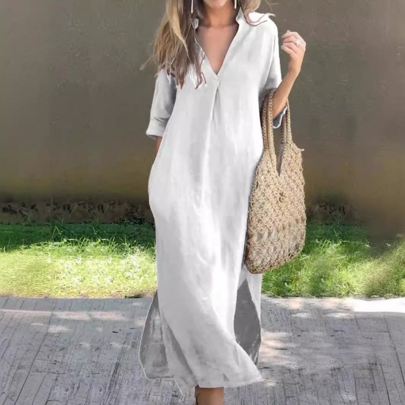 💖 Elegancka sukienka V-neck z bawełny i lnu