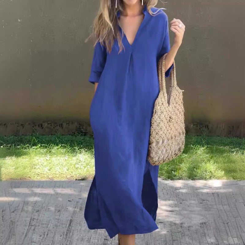 💖 Elegancka sukienka V-neck z bawełny i lnu