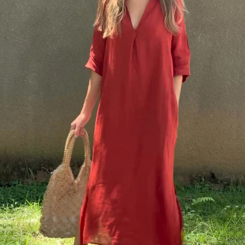 💖 Elegancka sukienka V-neck z bawełny i lnu