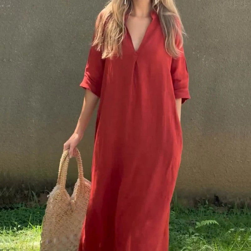 💖 Elegancka sukienka V-neck z bawełny i lnu