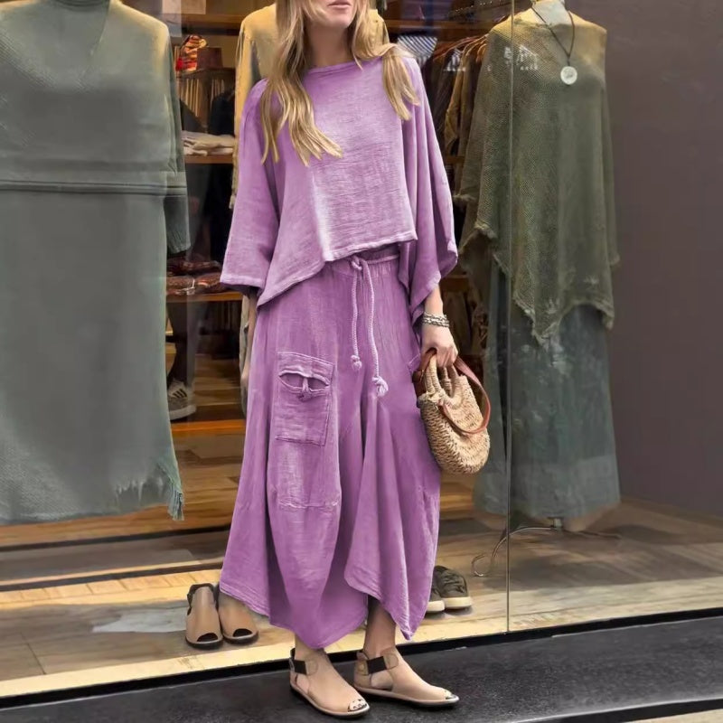 👗👖Damski swobodny top z okrągłym dekoltem i luźna 2-częściowa spódnica