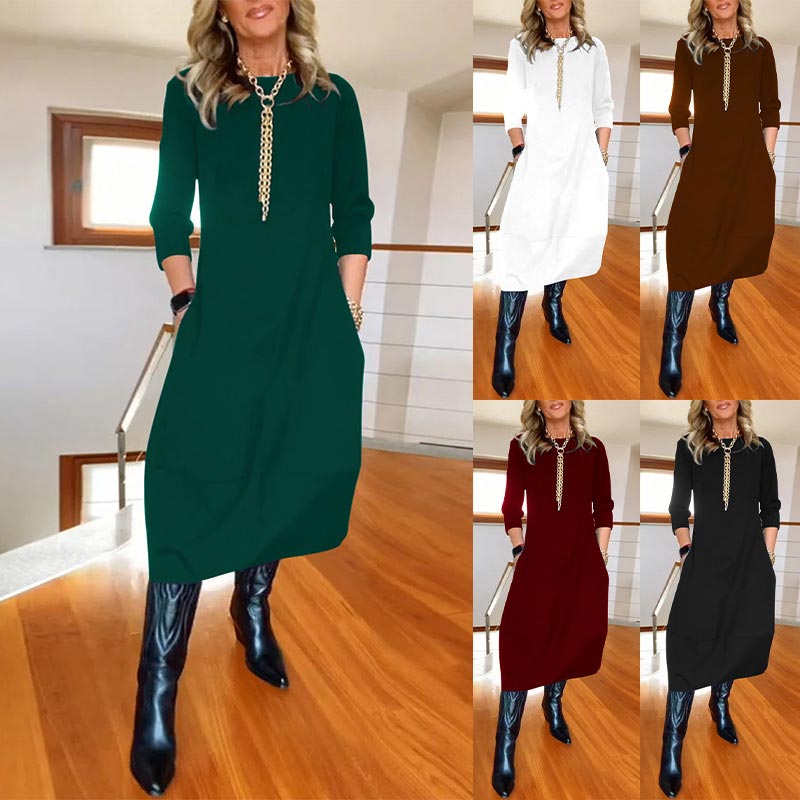 【S-4XL】💖Damska sukienka casualowa w jednolitym kolorze z okrągłym dekoltem i kieszeniami