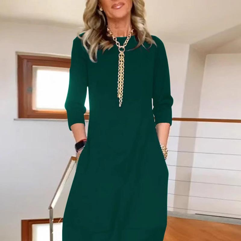 【S-4XL】💖Damska sukienka casualowa w jednolitym kolorze z okrągłym dekoltem i kieszeniami
