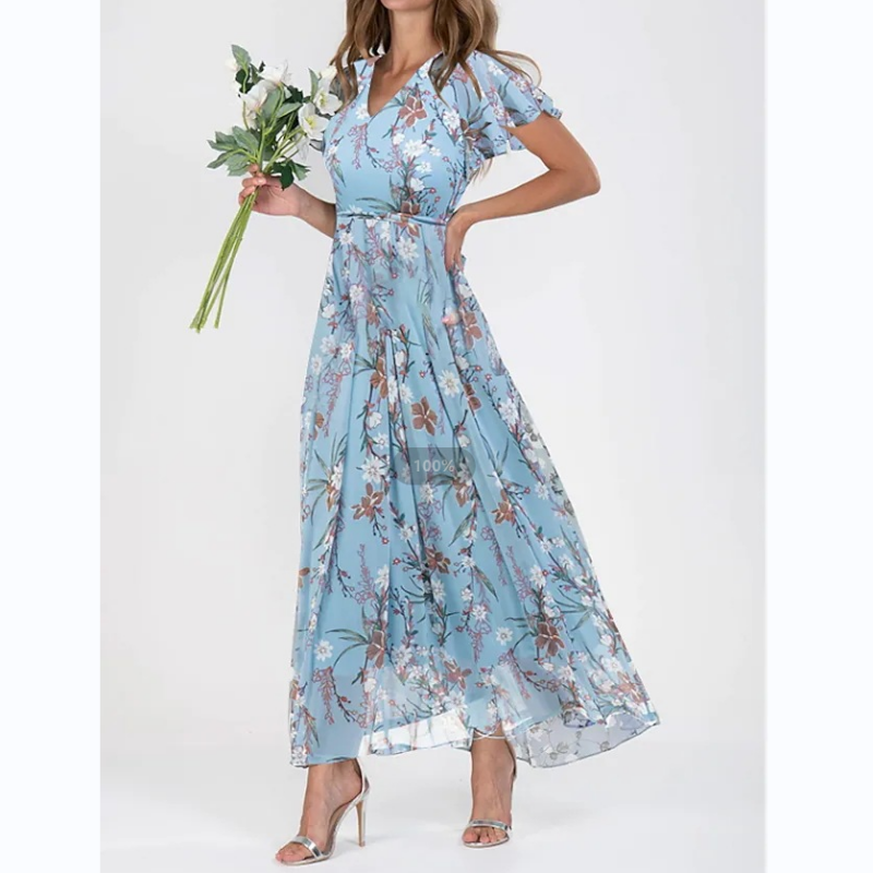 🔥👗Eleganckie szyfonowe sukienki z krótkim rękawem w kwiaty