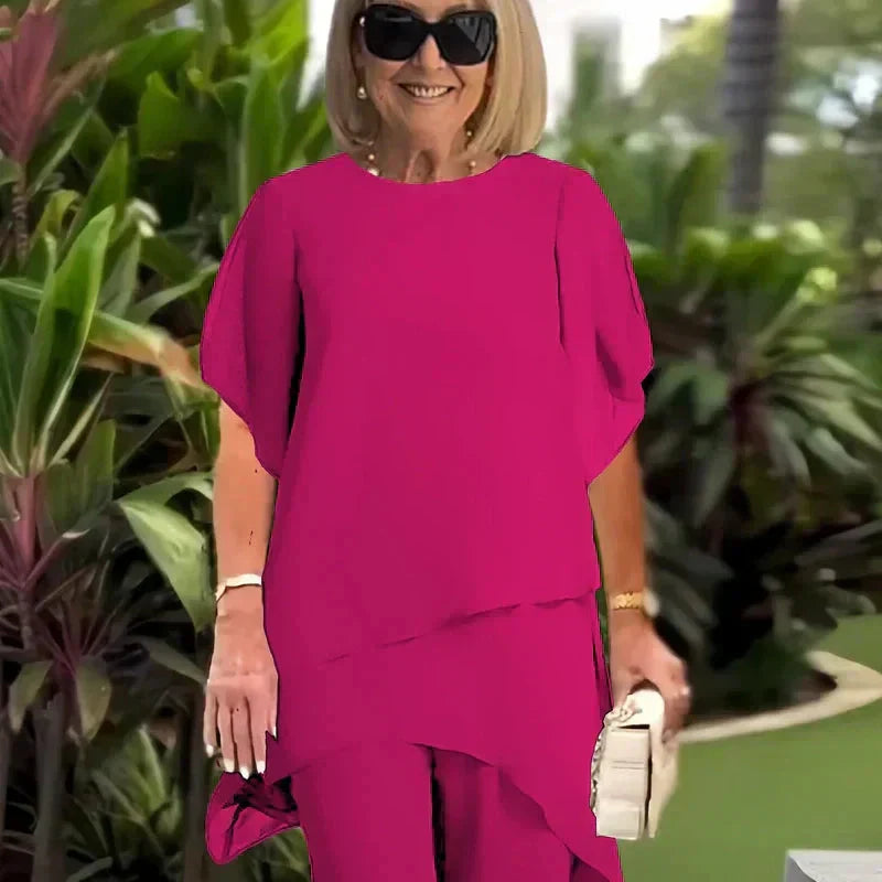 🥰Szyfonowy elegancki asymetryczny top i spodnie z szerokimi nogawkami