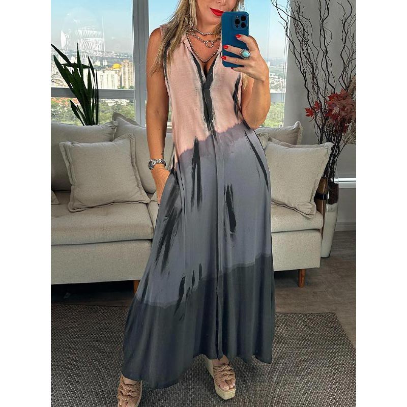 🔥👗Damska sukienka bez rękawów z dekoltem w serek w kolorze tie-dye